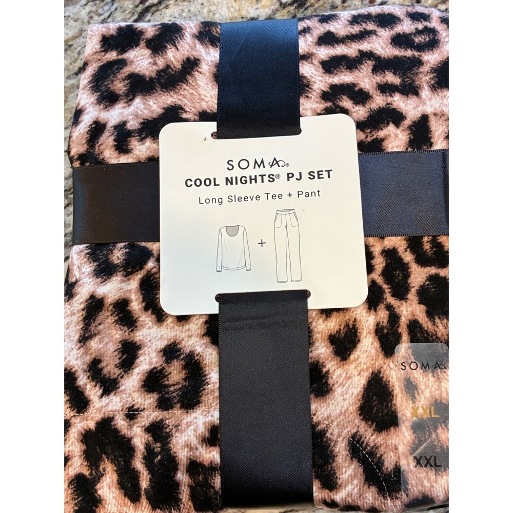 Soma Cool Nights PJ Set Women XXL Leopard NWT Long Sleeve Tee Pants Animal Print